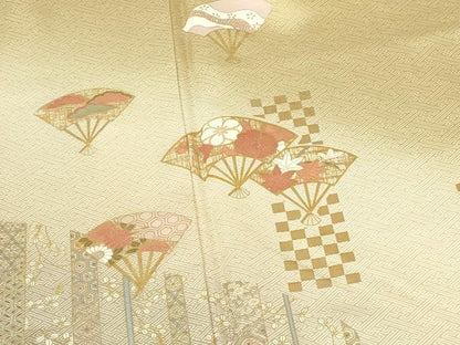 平和屋着物●訪問着　扇面花文　暈し染め　金彩　反端付き　正絹　逸品　DABH0850op