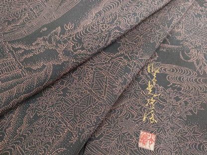 平和屋着物●伝統工芸師　服部光擴　江戸小紋　風景文　堅牢草木染　反端付き　正絹　逸品　DABH0852op
