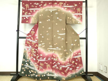 平和屋着物●訪問着　駒刺繍　草花文　暈し染め　金彩　正絹　逸品　DABH0853op