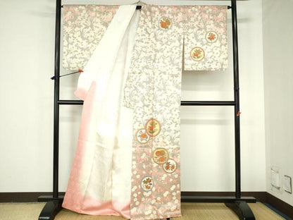 平和屋着物●訪問着　駒刺繍　草花丸文　暈し染め　金彩　正絹　逸品　DABH0855op