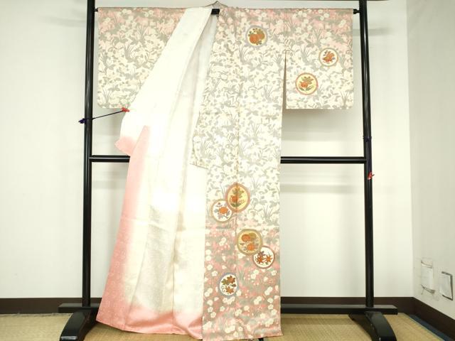 平和屋着物●訪問着　駒刺繍　草花丸文　暈し染め　金彩　正絹　逸品　DABH0855op