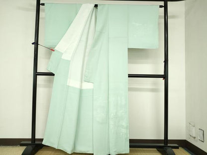 平和屋着物●無地絵羽訪問着　人物風景地紋　錆青磁色　正絹　逸品　DABH0871op