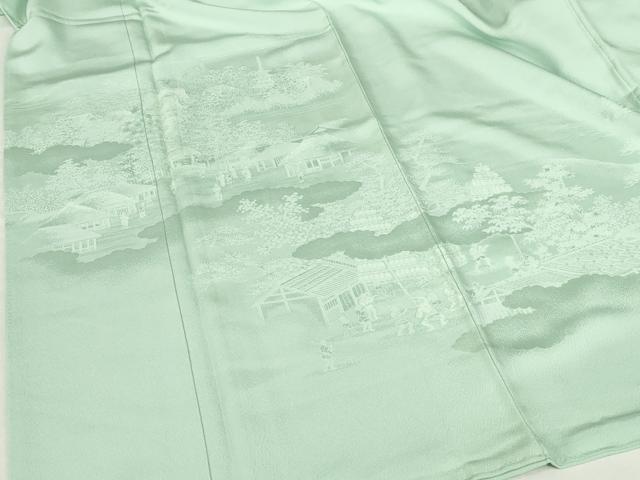 平和屋着物●無地絵羽訪問着　人物風景地紋　錆青磁色　正絹　逸品　DABH0871op
