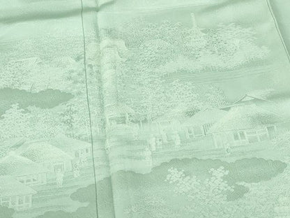平和屋着物●無地絵羽訪問着　人物風景地紋　錆青磁色　正絹　逸品　DABH0871op