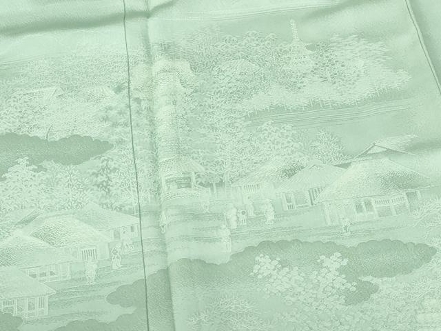 平和屋着物●無地絵羽訪問着　人物風景地紋　錆青磁色　正絹　逸品　DABH0871op