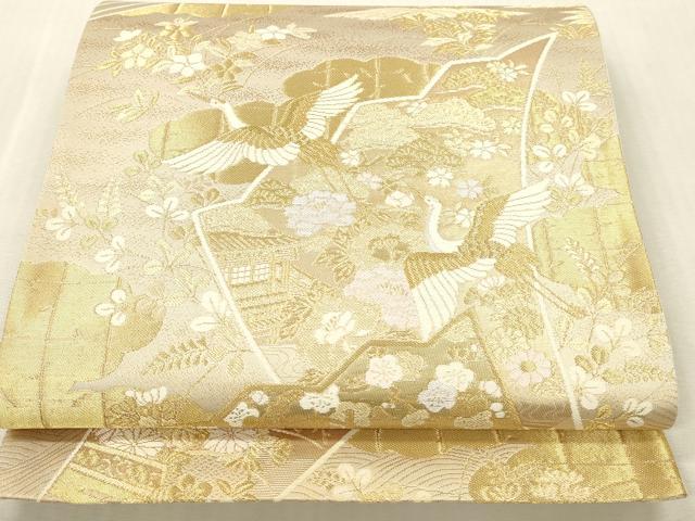 平和屋本店▼六通柄袋帯　御所解扇　純金箔二重織　正絹　逸品　DABH0897op