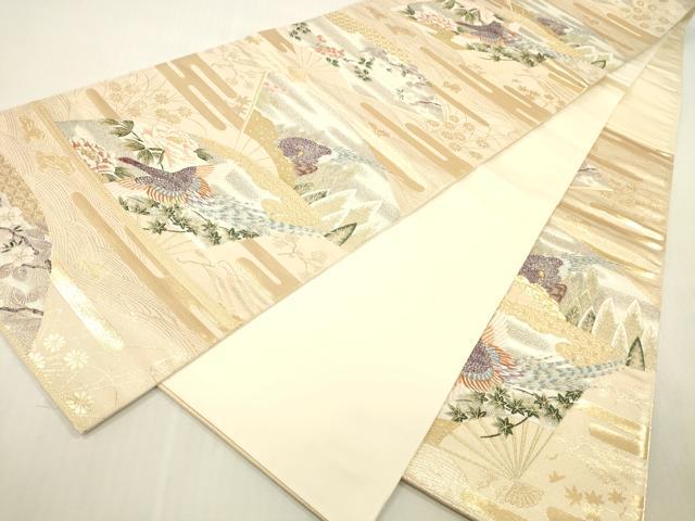 平和屋本店▼六通柄袋帯　唐織　扇面尾長鳥花文　九百錦　純金箔　正絹　逸品　DABH0898op