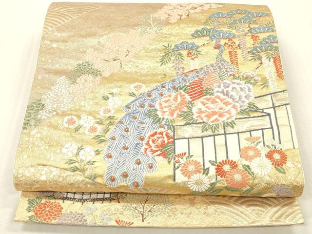 平和屋本店▼六通柄袋帯　唐織　孔雀風景花文　九百錦純金箔　正絹　逸品　DABH0900op