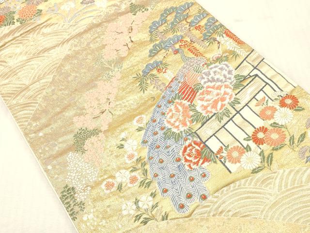 平和屋本店▼六通柄袋帯　唐織　孔雀風景花文　九百錦純金箔　正絹　逸品　DABH0900op