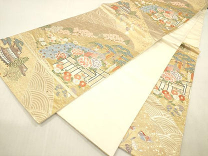 平和屋本店▼六通柄袋帯　唐織　孔雀風景花文　九百錦純金箔　正絹　逸品　DABH0900op