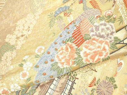 平和屋本店▼六通柄袋帯　唐織　孔雀風景花文　九百錦純金箔　正絹　逸品　DABH0900op