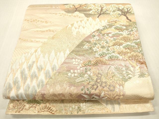 平和屋本店▼六通柄袋帯　唐織　風景花松文　純金二重箔　九百錦　正絹　逸品　DABH0903op