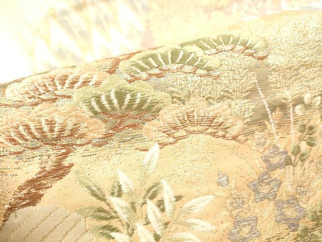 平和屋本店▼六通柄袋帯　唐織　風景花松文　純金二重箔　九百錦　正絹　逸品　DABH0903op