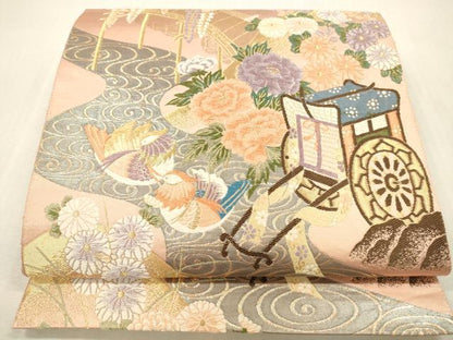 平和屋本店▼六通柄袋帯　唐織　御所車鴛鴦花文　本金箔　正絹　逸品　DABH0905op