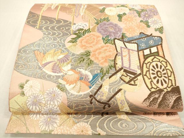 平和屋本店▼六通柄袋帯　唐織　御所車鴛鴦花文　本金箔　正絹　逸品　DABH0905op