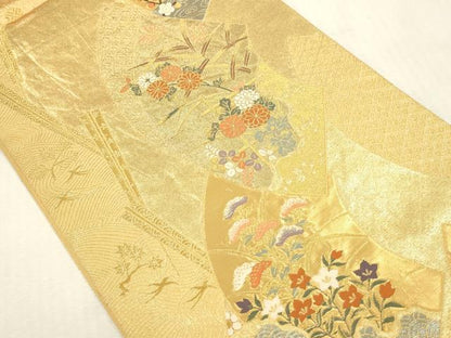平和屋本店▼六通柄袋帯　扇取草花文　純金二重箔　正絹　逸品　DABH0912op