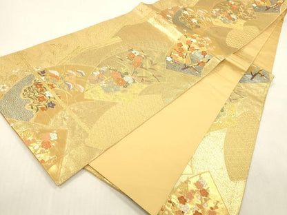 平和屋本店▼六通柄袋帯　扇取草花文　純金二重箔　正絹　逸品　DABH0912op