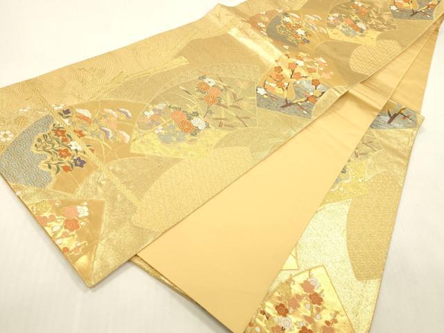 平和屋本店▼六通柄袋帯　扇取草花文　純金二重箔　正絹　逸品　DABH0912op
