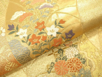 平和屋本店▼六通柄袋帯　扇取草花文　純金二重箔　正絹　逸品　DABH0912op