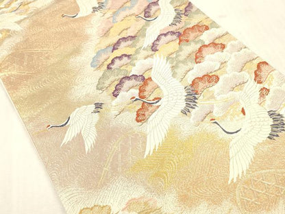 平和屋本店▼六通柄袋帯　慶寿松鶴文　純金箔二重織　正絹　逸品　DABH0914op