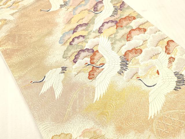 平和屋本店▼六通柄袋帯　慶寿松鶴文　純金箔二重織　正絹　逸品　DABH0914op
