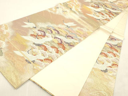 平和屋本店▼六通柄袋帯　慶寿松鶴文　純金箔二重織　正絹　逸品　DABH0914op