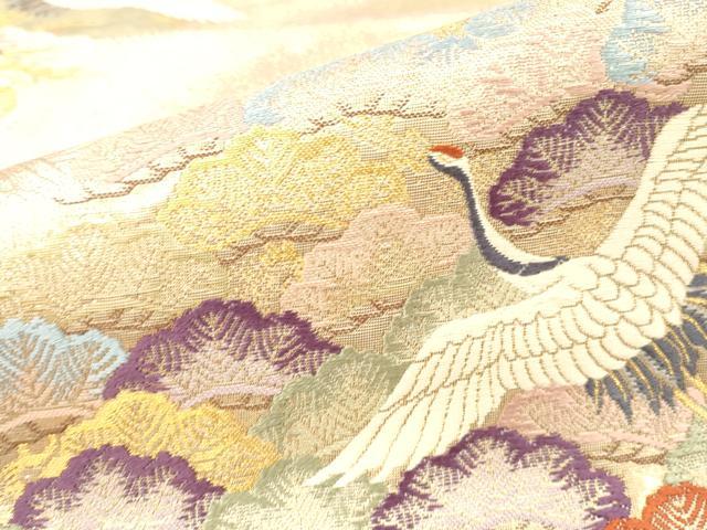平和屋本店▼六通柄袋帯　慶寿松鶴文　純金箔二重織　正絹　逸品　DABH0914op
