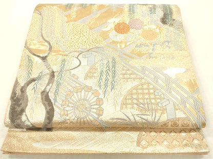 平和屋本店▼六通柄袋帯　唐織　柳橋水車華文　本金箔　正絹　逸品　DABH0917op