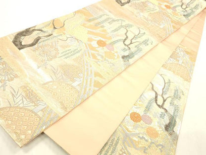 平和屋本店▼六通柄袋帯　唐織　柳橋水車華文　本金箔　正絹　逸品　DABH0917op