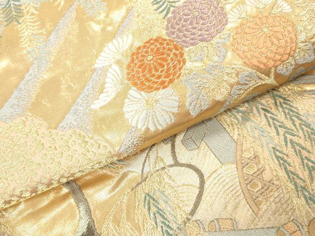 平和屋本店▼六通柄袋帯　唐織　柳橋水車華文　本金箔　正絹　逸品　DABH0917op