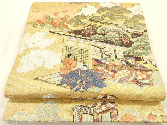 平和屋本店▼全通柄袋帯　唐織　源氏絵巻文様　本金箔　正絹　逸品　DABH0918op