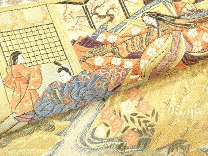 平和屋本店▼全通柄袋帯　唐織　源氏絵巻文様　本金箔　正絹　逸品　DABH0918op