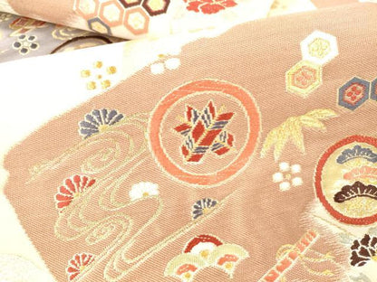 平和屋本店▼六通柄袋帯　唐織　楽器花丸文　拍寿錦　純金二重箔　正絹　逸品　DABH0923op