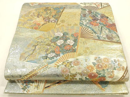 平和屋着物▼極上　西陣あさぎ　両面　全通全景柄袋帯　琳派三十六華扇　本金プラチナ二重箔　正絹　逸品　DABH0925op