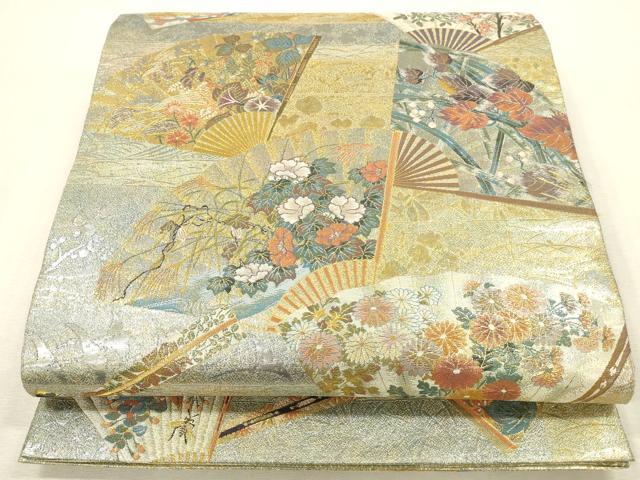 平和屋着物▼極上　西陣あさぎ　両面　全通全景柄袋帯　琳派三十六華扇　本金プラチナ二重箔　正絹　逸品　DABH0925op