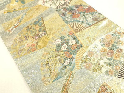平和屋着物▼極上　西陣あさぎ　両面　全通全景柄袋帯　琳派三十六華扇　本金プラチナ二重箔　正絹　逸品　DABH0925op