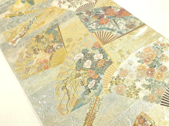 平和屋着物▼極上　西陣あさぎ　両面　全通全景柄袋帯　琳派三十六華扇　本金プラチナ二重箔　正絹　逸品　DABH0925op