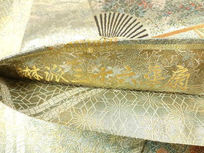 平和屋着物▼極上　西陣あさぎ　両面　全通全景柄袋帯　琳派三十六華扇　本金プラチナ二重箔　正絹　逸品　DABH0925op