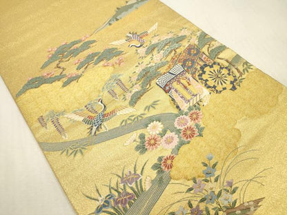 平和屋着物▼太鼓柄袋帯　御所車飛鶴花文　箔金綴　正絹　逸品　DABH0932op