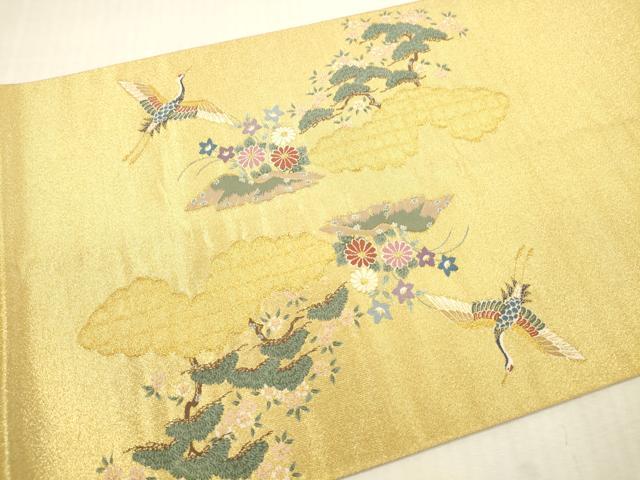 平和屋着物▼太鼓柄袋帯　御所車飛鶴花文　箔金綴　正絹　逸品　DABH0932op