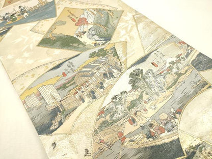平和屋本店▼極上　西陣あさぎ　丸帯　広重　東海道五十三次全図　本金箔　正絹　逸品　未使用　DABH0934op