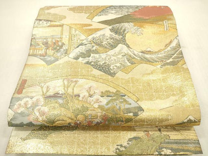 平和屋本店▼極上　西陣あさぎ　丸帯　富獄三十六景全図　本金箔　正絹　逸品　DABH0937op
