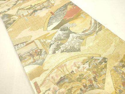 平和屋本店▼極上　西陣あさぎ　丸帯　富獄三十六景全図　本金箔　正絹　逸品　DABH0937op
