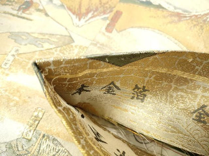 平和屋本店▼極上　西陣あさぎ　丸帯　富獄三十六景全図　本金箔　正絹　逸品　DABH0937op