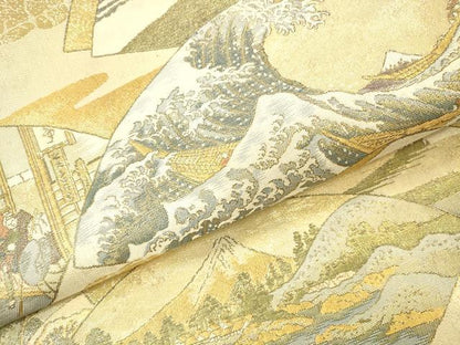 平和屋本店▼極上　西陣あさぎ　丸帯　富獄三十六景全図　本金箔　正絹　逸品　DABH0937op