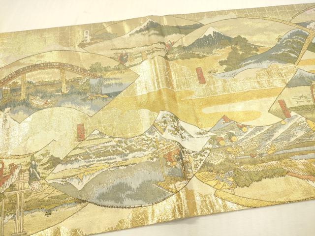 平和屋本店▼極上　西陣あさぎ　丸帯　富獄三十六景全図　本金箔　正絹　逸品　DABH0937op