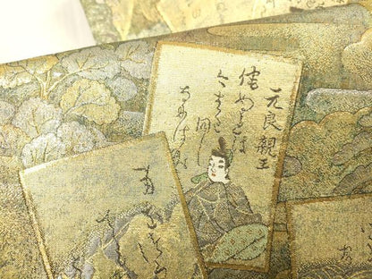 平和屋本店▼極上　西陣あさぎ　両面　全通全景柄袋帯　光琳かるた　二十四金プラチナ二重箔　正絹　逸品　DABH0938op