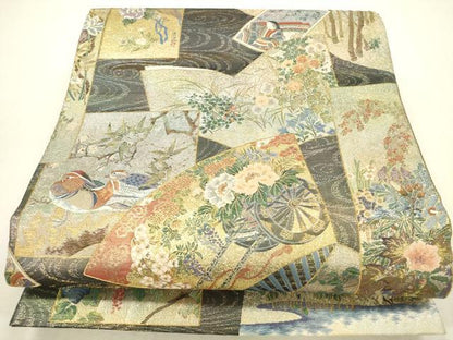 平和屋本店▼極上　西陣あさぎ　丸帯　日本絵画全集　壱阡八百口織　プラチナ本金箔　さが美扱い　正絹　逸品　DABH0939op