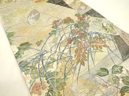 平和屋本店▼極上　西陣あさぎ　丸帯　日本絵画全集　壱阡八百口織　プラチナ本金箔　さが美扱い　正絹　逸品　DABH0939op