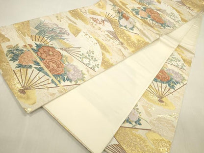 平和屋本店▼六通柄袋帯　唐織　扇面散らし　純金箔　正絹　逸品　DABH0945op